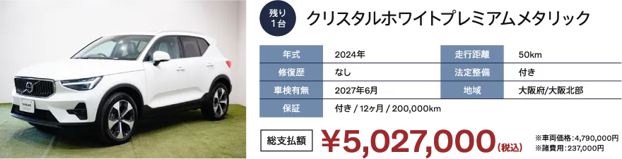 クリスタルホワイトプレミアムメタリック
                      年式：2024年
                      修復歴：なし
                      車検有無：2027年12月
                      走行距離：30km
                      法定整備：付き
                      地域：大阪府/大阪北部
                      保証：付き / 2027年12月まで / 200,000km
                      総支払額：￥5,883,000（税込）※車両価格：5,598,000円 ※諸費用 285,000円