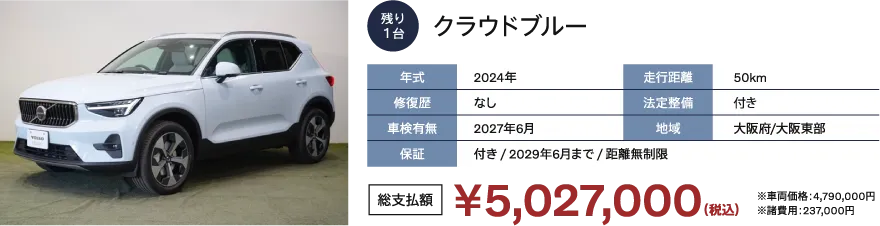 クラウドブルー
                      年式：2024年
                      修復歴：なし
                      車検有無：2027年6月
                      走行距離：50km
                      法定整備：付き
                      地域：大阪府/大阪東部
                      保証：付き / 2029年6月まで / 距離無制限
                      総支払額：￥5,870,000（税込）※車両価格：5,590,000円 ※諸費用 280,000円