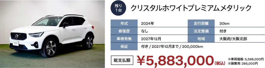クリスタルホワイトプレミアムメタリック　
                      年式：2024年
                      修復歴：なし
                      車検有無：2027年12月
                      走行距離：30km
                      法定整備：付き
                      地域：大阪府/大阪北部
                      保証：付き / 2027年12月まで / 200,000km
                      総支払額：￥5,883,000（税込）※車両価格：5,598,000円 ※諸費用：285,000円