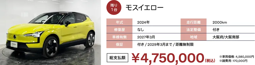 モスイエロー　
                      年式：2024年
                      修復歴：なし
                      車検有無：2027年2月
                      走行距離：5000km
                      法定整備：付き
                      地域：大阪府/大阪南部
                      保証：付き / 2029年2月まで / 距離無制限
                      総支払額：￥4,800,000（税込）※車両価格：4,590,000円 ※諸費用 210,000円